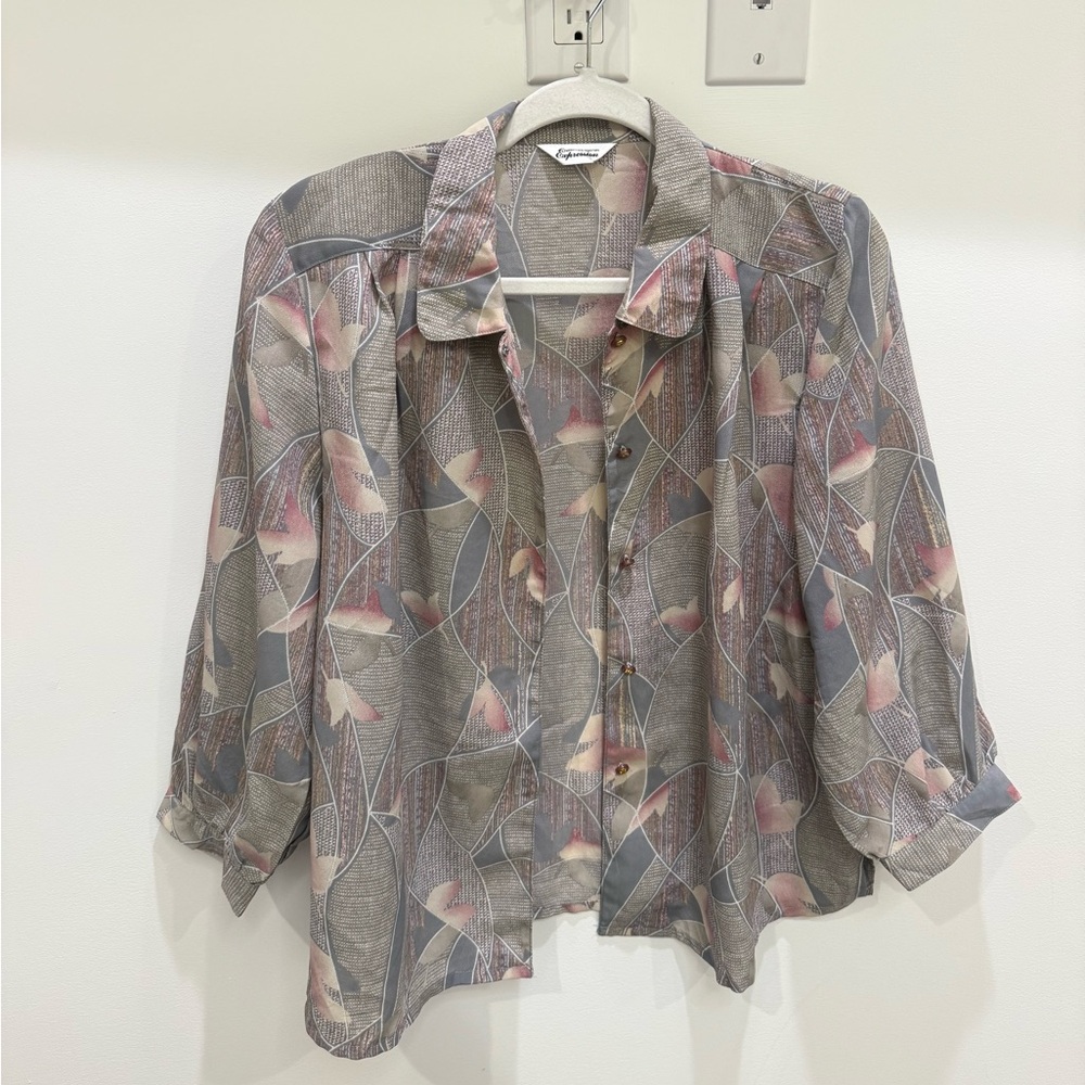 Vintage Japanese Women's Gray and Pink Patterned Blouse (M)